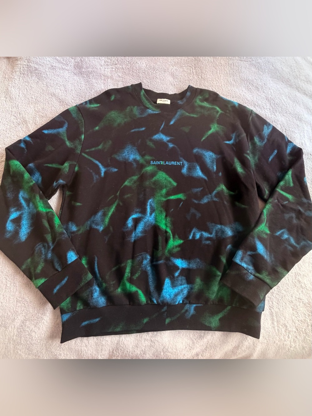 Saint Laurent Black Tie-Dye Crewneck Sweatshirt in Blue & Green Size L